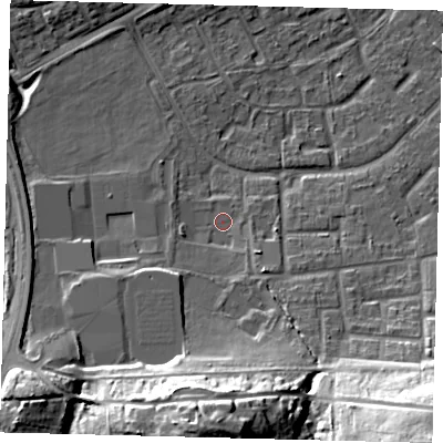 Shaded relief map of the ground around RH105EA, computed from Environment Agency LiDAR. The ground here sits at about 80 m above sea level and falls 30 m across the surrounding 800 m. Surface water reaching this point runs off ground lying to the south, 20.7 m higher.
