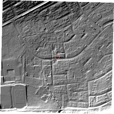Shaded relief map of the ground around RH105EE, computed from Environment Agency LiDAR. The ground here sits at about 79 m above sea level and falls 22 m across the surrounding 800 m. Surface water reaching this point runs off ground lying to the south-south-west, 12.2 m higher.