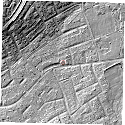 Shaded relief map of the ground around RH105EJ, computed from Environment Agency LiDAR. The ground here sits at about 76 m above sea level and falls 13 m across the surrounding 800 m. Surface water reaching this point runs off ground lying to the south, 5.5 m higher.