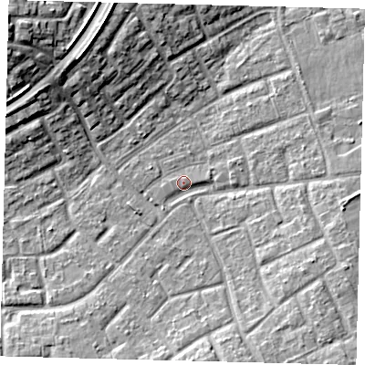 Shaded relief map of the ground around RH105EQ, computed from Environment Agency LiDAR. The ground here sits at about 77 m above sea level and falls 15 m across the surrounding 800 m. Surface water reaching this point runs off ground lying to the south, 5.8 m higher.