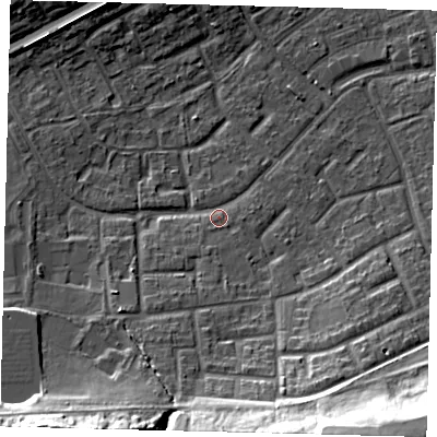 Shaded relief map of the ground around RH105EY, computed from Environment Agency LiDAR. The ground here sits at about 80 m above sea level and falls 25 m across the surrounding 800 m. Surface water reaching this point runs off ground lying to the south, 1.4 m higher.