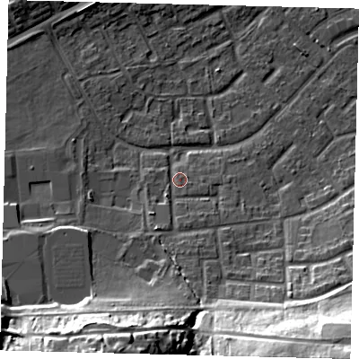 Shaded relief map of the ground around RH105EZ, computed from Environment Agency LiDAR. The ground here sits at about 81 m above sea level and falls 28 m across the surrounding 800 m. Surface water reaching this point runs off ground lying to the south, 4.4 m higher.