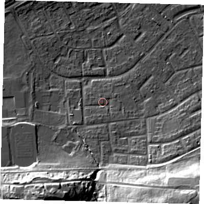 Shaded relief map of the ground around RH105HA, computed from Environment Agency LiDAR. The ground here sits at about 81 m above sea level and falls 31 m across the surrounding 800 m. Surface water reaching this point runs off ground lying to the south-south-west, 2.2 m higher.
