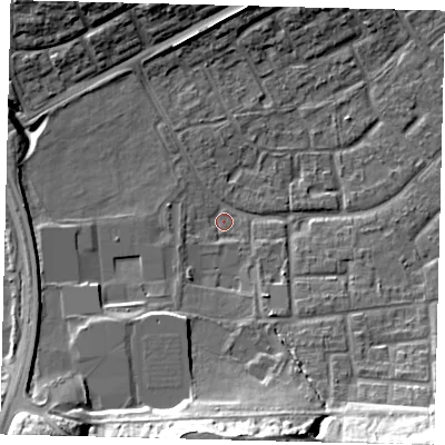 Shaded relief map of the ground around RH105HB, computed from Environment Agency LiDAR. The ground here sits at about 80 m above sea level and falls 22 m across the surrounding 800 m. Surface water reaching this point runs off ground lying to the south-south-west, 5.1 m higher.