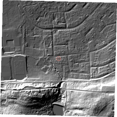 Shaded relief map of the ground around RH105HH, computed from Environment Agency LiDAR. The ground here sits at about 83 m above sea level and falls 35 m across the surrounding 800 m. Surface water reaching this point runs off ground lying to the south, 2.2 m higher.