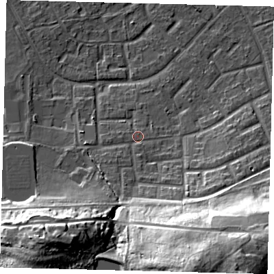 Shaded relief map of the ground around RH105HJ, computed from Environment Agency LiDAR. The ground here sits at about 82 m above sea level and falls 35 m across the surrounding 800 m. Surface water reaching this point runs off ground lying to the south-south-east, 29.9 m higher.