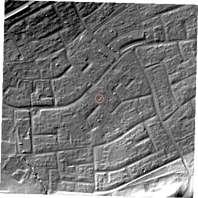 Shaded relief map of the ground around RH105JT, computed from Environment Agency LiDAR. The ground here sits at about 78 m above sea level and falls 24 m across the surrounding 800 m. Surface water reaching this point runs off ground lying to the south, 12.8 m higher.