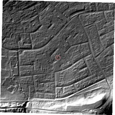 Shaded relief map of the ground around RH105JU, computed from Environment Agency LiDAR. The ground here sits at about 80 m above sea level and falls 28 m across the surrounding 800 m. Surface water reaching this point runs off ground lying to the south, 22.0 m higher.