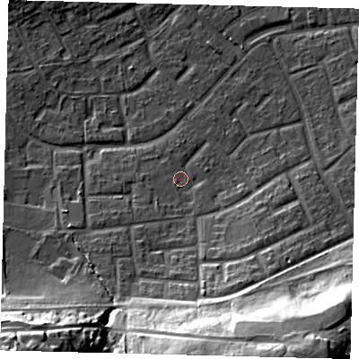 Shaded relief map of the ground around RH105JX, computed from Environment Agency LiDAR. The ground here sits at about 80 m above sea level and falls 28 m across the surrounding 800 m. Surface water reaching this point runs off ground lying to the south, 24.0 m higher.