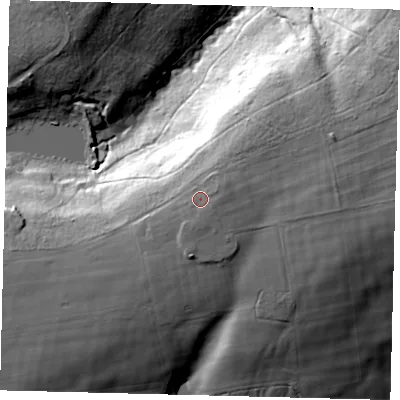 Shaded relief map of the ground around RH105NY, computed from Environment Agency LiDAR. The ground here sits at about 134 m above sea level and falls 39 m across the surrounding 800 m. Surface water reaching this point runs off ground lying to the east-north-east, 1.7 m higher.