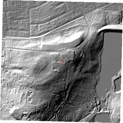 Shaded relief map of the ground around RH105PQ, computed from Environment Agency LiDAR. The ground here sits at about 104 m above sea level and falls 36 m across the surrounding 800 m. Surface water reaching this point runs off ground lying to the south-west, 4.3 m higher.