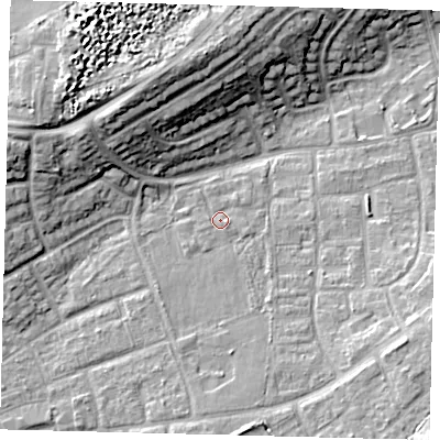 Shaded relief map of the ground around RH106GG, computed from Environment Agency LiDAR. The ground here sits at about 75 m above sea level and falls 15 m across the surrounding 800 m. Surface water reaching this point runs off ground lying to the south-south-west, 1.2 m higher.