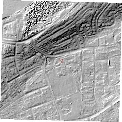 Shaded relief map of the ground around RH106GH, computed from Environment Agency LiDAR. The ground here sits at about 75 m above sea level and falls 15 m across the surrounding 800 m. Surface water reaching this point runs off ground lying to the north-west, 12.6 m higher.