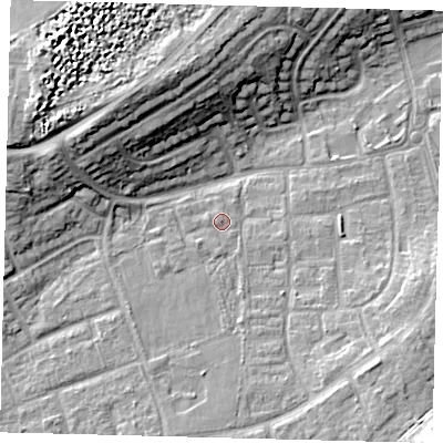 Shaded relief map of the ground around RH106GJ, computed from Environment Agency LiDAR. The ground here sits at about 74 m above sea level and falls 15 m across the surrounding 800 m. Surface water reaching this point runs off ground lying to the south, 0.8 m higher.