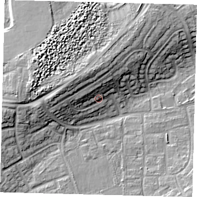 Shaded relief map of the ground around RH106HT, computed from Environment Agency LiDAR. The ground here sits at about 78 m above sea level and falls 15 m across the surrounding 800 m. Surface water reaching this point runs off ground lying to the north, 9.6 m higher.