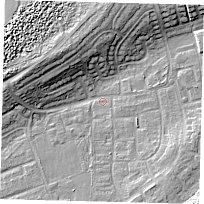 Shaded relief map of the ground around RH106HU, computed from Environment Agency LiDAR. The ground here sits at about 74 m above sea level and falls 15 m across the surrounding 800 m. Surface water reaching this point runs off ground lying to the south-south-east, 6.5 m higher.