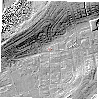 Shaded relief map of the ground around RH106JD, computed from Environment Agency LiDAR. The ground here sits at about 74 m above sea level and falls 16 m across the surrounding 800 m. Surface water reaching this point runs off ground lying to the south-south-east, 6.5 m higher.