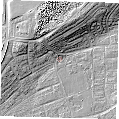 Shaded relief map of the ground around RH106JF, computed from Environment Agency LiDAR. The ground here sits at about 75 m above sea level and falls 15 m across the surrounding 800 m. Surface water reaching this point runs off ground lying to the north-north-west, 12.6 m higher.