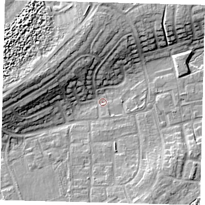 Shaded relief map of the ground around RH106JL, computed from Environment Agency LiDAR. The ground here sits at about 73 m above sea level and falls 16 m across the surrounding 800 m. Surface water reaching this point runs off ground lying to the west-north-west, 13.2 m higher.