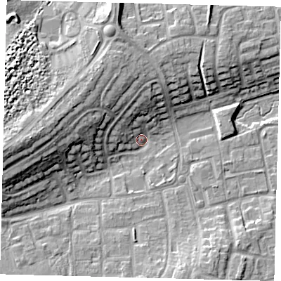 Shaded relief map of the ground around RH106JP, computed from Environment Agency LiDAR. The ground here sits at about 73 m above sea level and falls 16 m across the surrounding 800 m. Surface water reaching this point runs off ground lying to the west, 13.7 m higher.