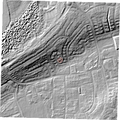 Shaded relief map of the ground around RH106JW, computed from Environment Agency LiDAR. The ground here sits at about 75 m above sea level and falls 15 m across the surrounding 800 m. Surface water reaching this point runs off ground lying to the north-west, 11.2 m higher.
