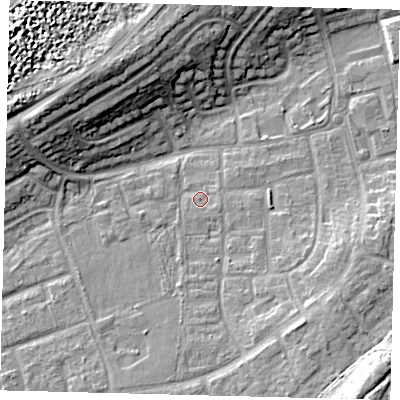 Shaded relief map of the ground around RH106LP, computed from Environment Agency LiDAR. The ground here sits at about 74 m above sea level and falls 15 m across the surrounding 800 m. Surface water reaching this point runs off ground lying to the east-south-east, 1.1 m higher.