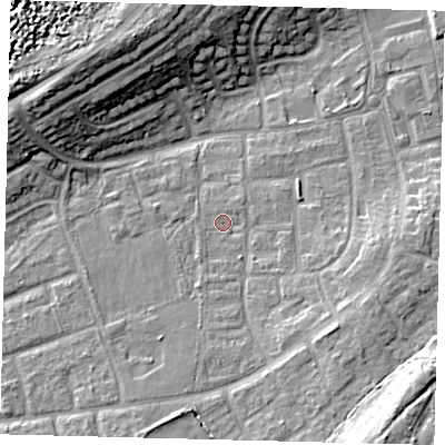 Shaded relief map of the ground around RH106LX, computed from Environment Agency LiDAR. The ground here sits at about 74 m above sea level and falls 15 m across the surrounding 800 m. Surface water reaching this point runs off ground lying to the south-east, 10.8 m higher.