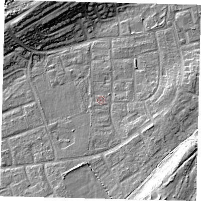 Shaded relief map of the ground around RH106LZ, computed from Environment Agency LiDAR. The ground here sits at about 75 m above sea level and falls 14 m across the surrounding 800 m. Surface water reaching this point runs off ground lying to the south-west, 0.9 m higher.