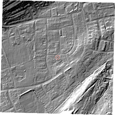 Shaded relief map of the ground around RH106NF, computed from Environment Agency LiDAR. The ground here sits at about 76 m above sea level and falls 17 m across the surrounding 800 m. Surface water reaching this point runs off ground lying to the south-east, 3.9 m higher.