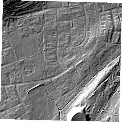 Shaded relief map of the ground around RH106NH, computed from Environment Agency LiDAR. The ground here sits at about 76 m above sea level and falls 20 m across the surrounding 800 m. Surface water reaching this point runs off ground lying to the south-south-east, 17.2 m higher.