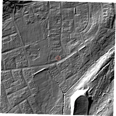 Shaded relief map of the ground around RH106NJ, computed from Environment Agency LiDAR. The ground here sits at about 76 m above sea level and falls 19 m across the surrounding 800 m. Surface water reaching this point runs off ground lying to the south-east, 16.7 m higher.