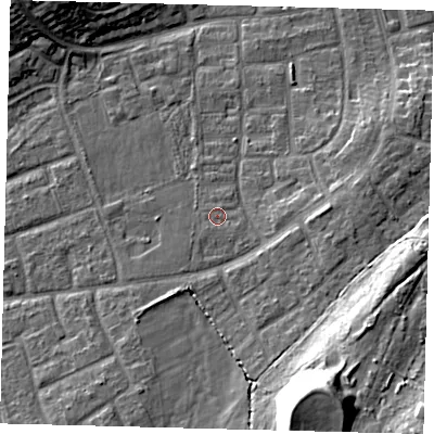 Shaded relief map of the ground around RH106NQ, computed from Environment Agency LiDAR. The ground here sits at about 76 m above sea level and falls 20 m across the surrounding 800 m. Surface water reaching this point runs off ground lying to the south-south-east, 16.7 m higher.