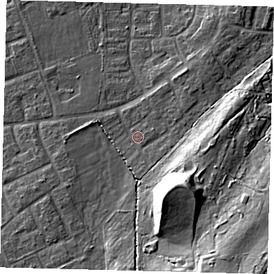 Shaded relief map of the ground around RH106PH, computed from Environment Agency LiDAR. The ground here sits at about 78 m above sea level and falls 21 m across the surrounding 800 m. Surface water reaching this point runs off ground lying to the south-south-east, 2.0 m higher.