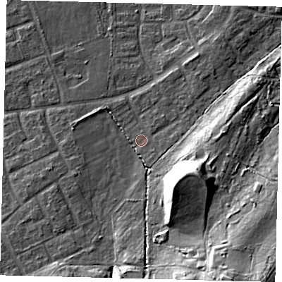 Shaded relief map of the ground around RH106PJ, computed from Environment Agency LiDAR. The ground here sits at about 78 m above sea level and falls 22 m across the surrounding 800 m. Surface water reaching this point runs off ground lying to the south-south-east, 1.6 m higher.