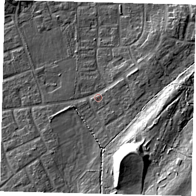 Shaded relief map of the ground around RH106PN, computed from Environment Agency LiDAR. The ground here sits at about 77 m above sea level and falls 19 m across the surrounding 800 m. Surface water reaching this point runs off ground lying to the south-east, 16.7 m higher.