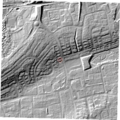 Shaded relief map of the ground around RH106PX, computed from Environment Agency LiDAR. The ground here sits at about 74 m above sea level and falls 16 m across the surrounding 800 m. Surface water reaching this point runs off ground lying to the north-west, 9.5 m higher.
