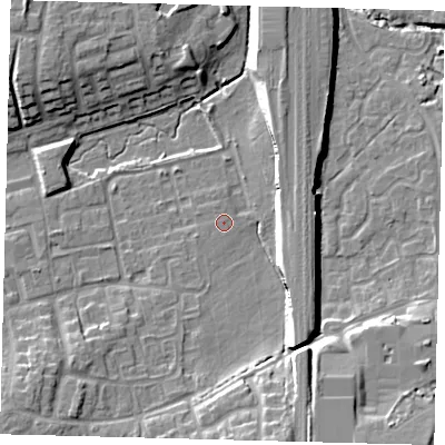 Shaded relief map of the ground around RH106RE, computed from Environment Agency LiDAR. The ground here sits at about 72 m above sea level and falls 12 m across the surrounding 800 m. Surface water reaching this point runs off ground lying to the west-south-west, 0.9 m higher.