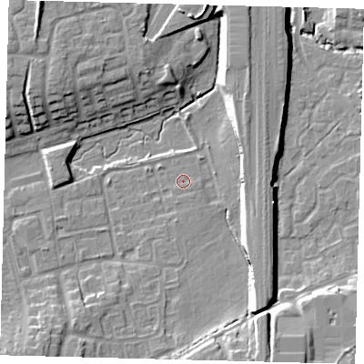 Shaded relief map of the ground around RH106RH, computed from Environment Agency LiDAR. The ground here sits at about 72 m above sea level and falls 11 m across the surrounding 800 m. Surface water reaching this point runs off ground lying to the south-south-east, 9.3 m higher.
