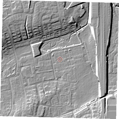 Shaded relief map of the ground around RH106RJ, computed from Environment Agency LiDAR. The ground here sits at about 72 m above sea level and falls 12 m across the surrounding 800 m. Surface water reaching this point runs off ground lying to the south, 1.8 m higher.