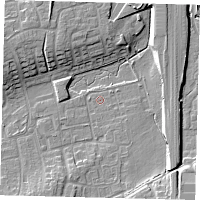 Shaded relief map of the ground around RH106RL, computed from Environment Agency LiDAR. The ground here sits at about 72 m above sea level and falls 12 m across the surrounding 800 m. Surface water reaching this point runs off ground lying to the south-east, 10.9 m higher.