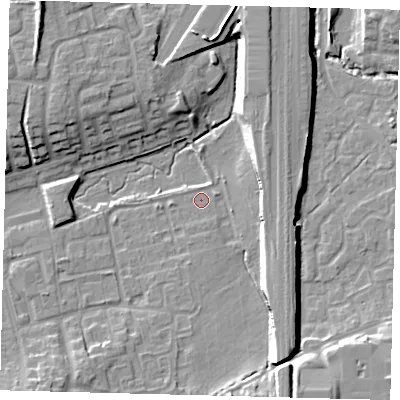 Shaded relief map of the ground around RH106RN, computed from Environment Agency LiDAR. The ground here sits at about 71 m above sea level and falls 12 m across the surrounding 800 m. Surface water reaching this point runs off ground lying to the south-south-east, 9.0 m higher.