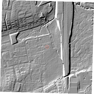 Shaded relief map of the ground around RH106RQ, computed from Environment Agency LiDAR. The ground here sits at about 72 m above sea level and falls 12 m across the surrounding 800 m. Surface water reaching this point runs off ground lying to the south-south-west, 0.8 m higher.