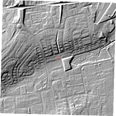 Shaded relief map of the ground around RH106RU, computed from Environment Agency LiDAR. The ground here sits at about 73 m above sea level and falls 14 m across the surrounding 800 m. Surface water reaching this point runs off ground lying to the west, 11.9 m higher.