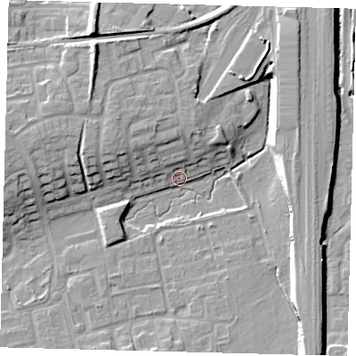 Shaded relief map of the ground around RH106SP, computed from Environment Agency LiDAR. The ground here sits at about 72 m above sea level and falls 12 m across the surrounding 800 m. Surface water reaching this point runs off ground lying to the south-east, 10.5 m higher.