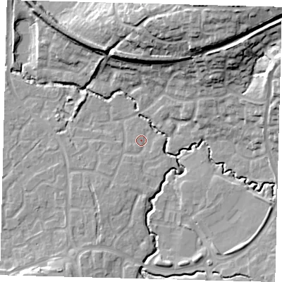 Shaded relief map of the ground around RH107FG, computed from Environment Agency LiDAR. The ground here sits at about 73 m above sea level and falls 25 m across the surrounding 800 m. Surface water reaching this point runs off ground lying to the south-south-west, 3.0 m higher.