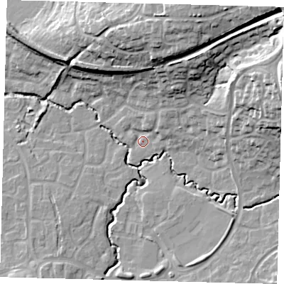 Shaded relief map of the ground around RH107GG, computed from Environment Agency LiDAR. The ground here sits at about 73 m above sea level and falls 26 m across the surrounding 800 m. Surface water reaching this point runs off ground lying to the north-east, 4.3 m higher.