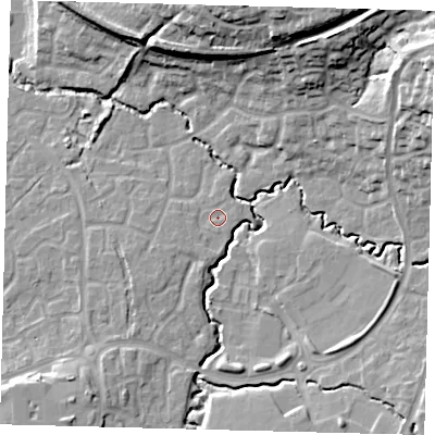 Shaded relief map of the ground around RH107GH, computed from Environment Agency LiDAR. The ground here sits at about 73 m above sea level and falls 22 m across the surrounding 800 m. Surface water reaching this point runs off ground lying to the east, 0.7 m higher.