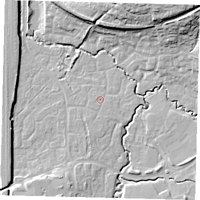 Shaded relief map of the ground around RH107GY, computed from Environment Agency LiDAR. The ground here sits at about 74 m above sea level and falls 22 m across the surrounding 800 m. Surface water reaching this point runs off ground lying to the south-south-west, 2.1 m higher.