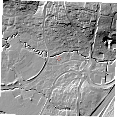 Shaded relief map of the ground around RH107HA, computed from Environment Agency LiDAR. The ground here sits at about 76 m above sea level and falls 35 m across the surrounding 800 m. Surface water reaching this point runs off ground lying to the south-east, 4.7 m higher.