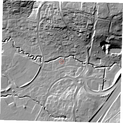 Shaded relief map of the ground around RH107HB, computed from Environment Agency LiDAR. The ground here sits at about 76 m above sea level and falls 35 m across the surrounding 800 m. Surface water reaching this point runs off ground lying to the north-east, 31.4 m higher.
